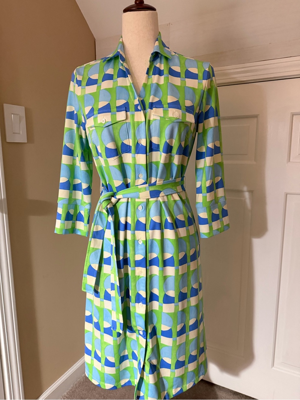 J. McLaughlin Geometric Shirt Dress in Blue & Green